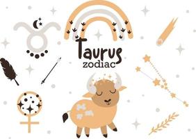 Taurus Baby zodiac sign clipart - cute kids horoscope, zodiac stars, constellation, rainbow, planet, leaves, arrow and comet isolated Vector illustration on white background.