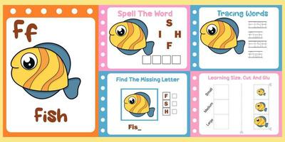 worksheets pack for kids with fish vector. children's study book vector