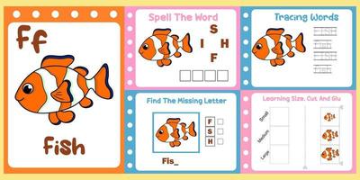 paquete de hojas de trabajo para niños con vector de peces. libro de estudio para niños