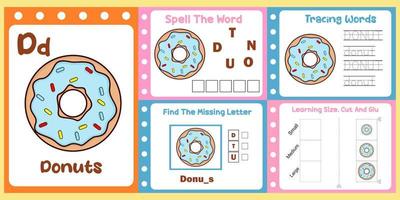 worksheets pack for kids with donuts vector. children's study book vector