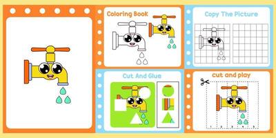 worksheets pack for kids with faucet vector. children's study book vector