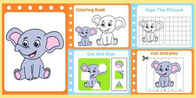 paquete de hojas de trabajo para niños con vector de elefante. libro de estudio para niños