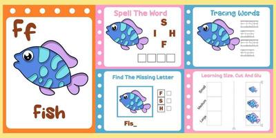 worksheets pack for kids with fish vector. children's study book vector