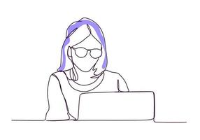 Continuous one line drawing of a business woman on glasses working on something seriously using a laptop at home. Business and financial concept design. Vector illustration