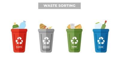 Sorting of waste by material and type in colored garbage cans, vector infographics on the separation and recycling of garbage.