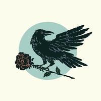cuervo y las rosas vintage dibujado a mano ilustración vector