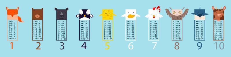 Multiplication table with square animals. Printed bookmarks or stickers with cute kawaii animals. vector