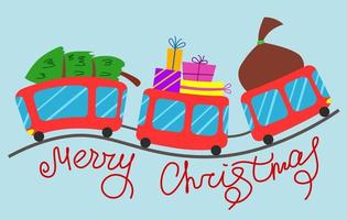 tarjeta de felicitación con la inscripción feliz navidad. tren rojo de navidad con un árbol y regalos. vector