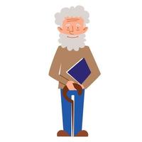 An elderly man with documents and a cane in his hand stands up to his full height. vector