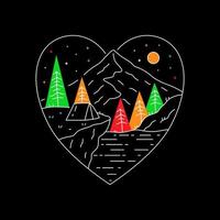 Nature mountain and camping in cliff in love shape. design for t-shirt, badge, sticker etc vector