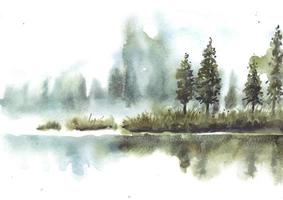 Reflection of  beautiful pine trees in lake watercolor vector