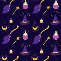 Witch pattern Magic witchcraft seamless pattern. Halloween background in kids doodle style. Cute witch broom, potion bottle hat moon, wand. Mystery violet dark texture. Witchcraft vector illustration.