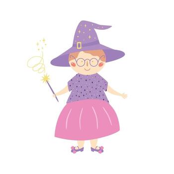 Cute old witch in purple hat with magic wand. Character for Halloween holiday, kids cards. Sorceress, Magician woman isolated vector illustration in cartoon style. Funny grandmama. Fairy tale element.