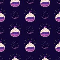 Wizard bottles seamless pattern Magic violet cartoon potion bottles Cute halloween dark background. Magic elixir hand drawn pattern design. Cute fabric, wallpaper, textile, print. Kids illustration. vector