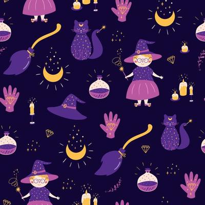 Witch pattern Magic seamless pattern. Halloween background in kids doodle style. Cute witch, cat, broom, potion bottle, hat, hand, moon. Mystery violet dark texture. Witchcraft vector illustration.