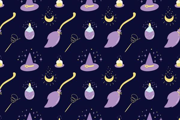 Witch broom seamless pattern. Witch moon magic elements for witches at school of magic. Violet dark background cute flying broom, stars, moon, potion bottle, candle, magic hat. Vector illustration.