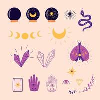 Magic set. Alchemy set. Mystic set Witch elements Doodle mysterious symbols. Ball divination, hands, moon, crystals, snake forune teller cards, eyes, butterfly, cute magic element. Vector illustration