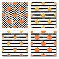 Pumpkin pattern set. Orange pumpkin on black lines, zig zag background. Simple Halloween seamless patterns, fall pumpkin, autumn texture. Cute Thanksgiving day print, wallpaper. Vector illustration.