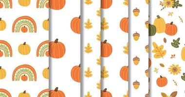 conjunto de patrones sin fisuras de otoño. textura de otoño, calabaza, hojas, arco iris, elementos de bellota en el fondo de otoño. lindo estampado naranja, papel tapiz, diseño de superficie. ilustración vectorial de calabaza. día de Gracias. vector