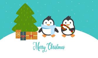 Merry christmas card with cute winter penguins vector illustration