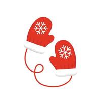 Red woolen mittens with snowflakes pattern, Christmas style, vector cartoon style