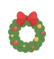 Christmas wreath with bright red and green plants, ball decoration, vector cartoon style