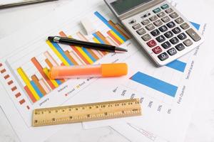document color graph sheet for presentation on room table at the office with equipment calculator, pencil, color pen highlight photo