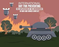 ilustración gráfica vectorial de un tanque cruza el campo de batalla cuando se lanza una bomba aérea, perfecta para el día internacional, evitando la explotación, el medio ambiente, la guerra, el conflicto armado, etc. vector