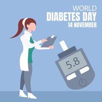 gráfico vectorial ilustrativo de una enfermera sosteniendo una nota, mostrando un glucómetro, perfecto para el día internacional, día mundial de la diabetes, celebración, tarjeta de felicitación, etc. vector