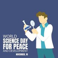 illustration vector graphic of a researcher is looking at a chemical bottle with a magnifying glass, perfect for international day, world science day, peace and development, celebrate, greeting card,