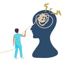 Correction in thinking. Man hold gear element, head silhouette on background, psychologist or psychotherapist helps to solve mental problems, business coach consulting. Vector concept.