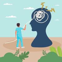 Correction in thinking. Man hold gear element, head silhouette on background, psychologist or psychotherapist helps to solve mental problems, business coach consulting. Vector concept