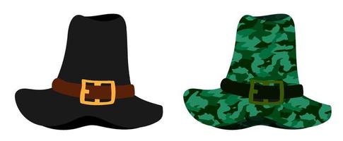 Tall pilgrim hat in natural colors and camouflage. Party wear for Thanksgiving. History of development of America. Vector in minimalistic flat style