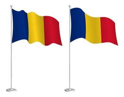 Romania flag on flagpole waving in the wind. Holiday design element. Checkpoint for map symbols. Isolated vector on white background