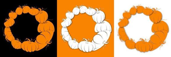 Round frame of pumpkins for Thanksgiving. Postcard, template, layout for festive design. Halloween pumpkins. Easily editable color. Vector