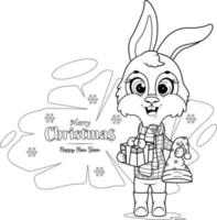 Coloring page. Merry Christmas and Happy New Year card with bunny vector