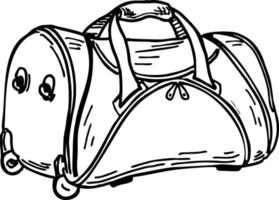 boceto de bolsa de viaje. emblema del logotipo del contorno a mano alzada del bolso de mano incompleto en un bolígrafo de estilo garabato retro. vector