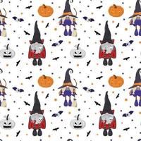 Cartoon Halloween gnomes in vampire and witch costumes with pumpkin lanterns, bats, and stars. Vector seamless pattern. Isolated on white background. Spooky holiday background.