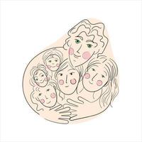 Warm family hugs. The father envelops and protects his entire family. Linear art with color details vector