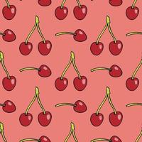 Seamless pattern with cherry on warm pink background. Vector image.