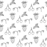 Seamless pattern with black-and-white cute cherry and strawberries on white background. Vector image.