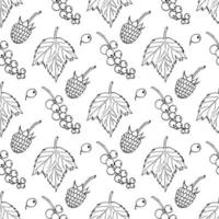 Seamless pattern with black-and-white cute currant and raspberry on white background. Vector image.