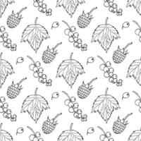 Seamless pattern with black-and-white cute currant and raspberry on white background. Vector image.