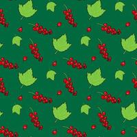 Seamless pattern with red currant and its leaves on bright green background. Vector image.