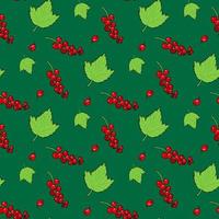 Seamless pattern with red currant and its leaves on bright green background. Vector image.