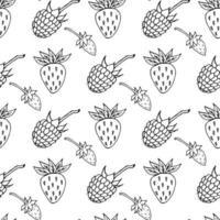 Seamless pattern with black-and-white strawberry and raspberry on white background. Vector image.