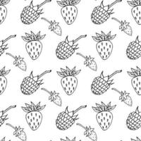 Seamless pattern with black-and-white strawberry and raspberry on white background. Vector image.