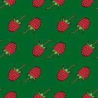 Seamless pattern with raspberry on green background. Vector image.