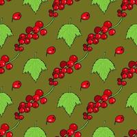 Seamless pattern with red currant and its leaves on dark green background. Vector image.