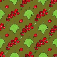 Seamless pattern with red currant and its leaves on dark green background. Vector image.